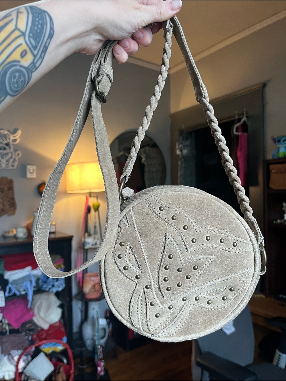 EARTHBOUND Suede Round Crossbody Bag in Taupe READ DESCRIPTION